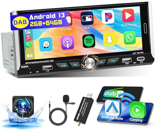 [2+64G] Android 13 Autoradio 1 Din DAB mit Wireless Carplay Android Auto, Hikity 6,9 Zoll Touch Display Auto Radio mit Bildschirm Bluetooth GPS WiFi FM RDS Rückfahrkamera