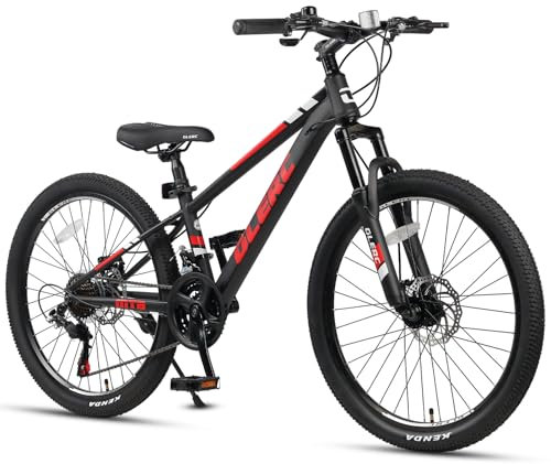 Glerc Skyline Kids Mountain Bike für Jungen/Mädchen, 24 Zoll Kinderfahrrad für 10 11 12 13 14 15 16 17 18 Jahre Jugendliche, 21-Gang Fahrrad mit Vorderradfederung & Scheibenbremsen Schwarz