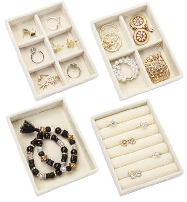 Nwvuop Lot de 4 petits plateaux à bijoux - Tiroir empilable - Organisateur de bijoux pour boucles d'oreilles, collier, bracelet, bague - 12,5 x 9,5 x 2,5 cm (beige)