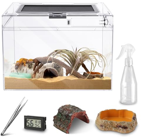 Mini Reptile Terrarium,20x20x20 cm Reptile Tank Top Sliding Door Screen Ventilation Mini Habitat Cages, Hygrometer Thermometer, Hide Cave, Vines, Tweezer, Sprayer
