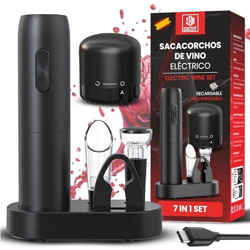 Sacacorchos Eléctrico Profesional 7 en 1 |Set de Vino Premium | Abridor de Vino Automático con Aireador + Vertedor + 2 Tapones Vacío | Regalos para Hombres | USB Recargable (Versión 2025)