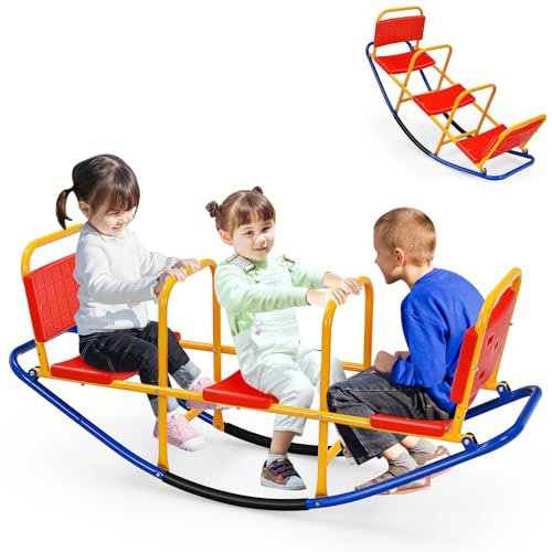 HOMASIS Altalena a Bilico per Bambini a 3 Posti, Altalena a Dondolo con Maniglie e Schienali, Giochi da Esterno in Metallo, Portata Fino a 90 kg, Adatto ai Bambini dai 3 agli 8 Anni (Rosso)