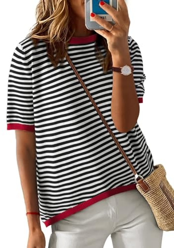 PASUDA Magliette Donna Estive Manica Corta T-Shirt Casual Girocollo a Righe Maglietta Elegante Comodi Larghe Maglia Donna Moda Basic Camicia Tee Tops (Nero, L)