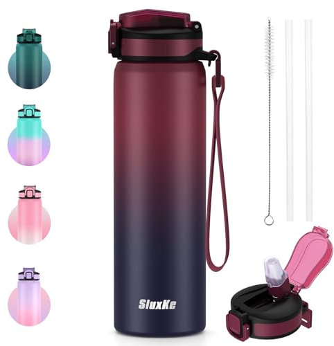 SLUXKE Gourde en acier inoxydable - 700 ml - Bouteille d'eau isolée en acier inoxydable - Sans BPA - Anti-fuite - Pour l'extérieur, le sport, l'école, le fitness