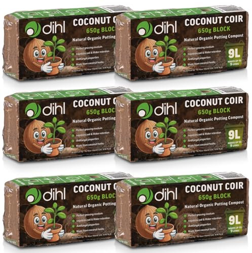 Dihl 6x 650g Organic Coconut Coco Coir Fibre Compost Block Bricks, 100% Natural Compressed Peat-Free Garden Growing Medium, Seedling Potting Bedding Soil, pH Balanced - 3.9 KG 54L