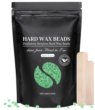 Aloe Vera Wax Beads - Natural Stripless Hard Wax Beans for Hair Removal - Waxing Beads for Face, Bikini, Legs, Back & Underarms - Wax Beads Hair Removal with Applicators - 100g