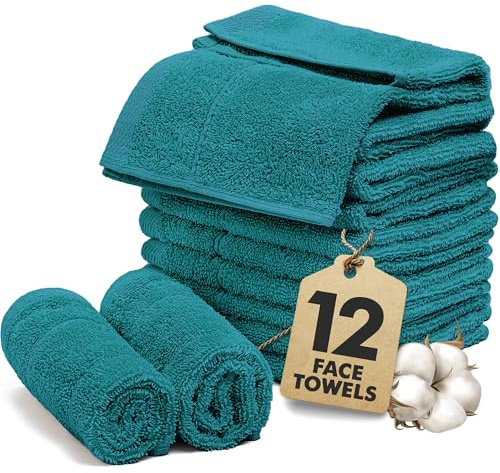 Novo Home Face Towels Pack of 12 – 100% Cotton Wash Cloths (12x12 inch) – Soft, Quick Dry & Highly Absorbent Hand Towels for Bathroom, Spa, Gym, Kitchen and for Daily Use - (Teal)