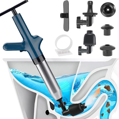 Rohrreiniger Druckluft,Toiletten Pömpel Abflussreiniger Pumpe mit Luftdruckanzeige,Pressluft Rohrreiniger mit 4 Adapter,Hochdruck Toilettenkolben für Waschbecken,Rohrverstopfung,Bodenablauf (Blau)