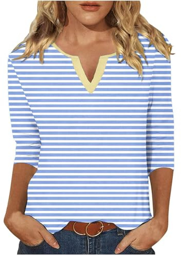 Tee Shirt Femme Manche 3/4 Haut Décontracté Vetement Rayé T-Shirt Col en V Tunique Blouse Casual Vêtements Loose Tee Top Tshirt Manche Longue Mode Haut Chic Et Elegant