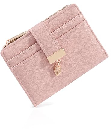 Pomelo Best Women's RFID Wallet - Vegan Leather Bi-fold Small Ladies Purse with Zipper Coin Pocket & ID Window - Leaf Charm Compact Wallet for Women (Blush Pink)