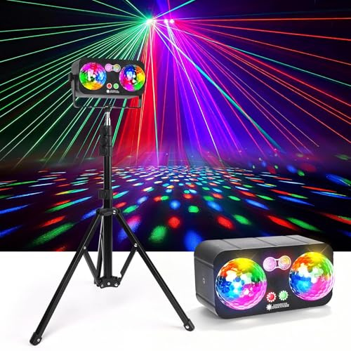 Lumières Disco 6 en 1 avec Trépied, Jeu de Lumière Disco avec 2 Boules Disco Lumière DJ RGB Activée par Musique, Effet Stroboscopique, Lampe de Scène pour Fête, Mariage, Soirée DJ, Noël et Halloween