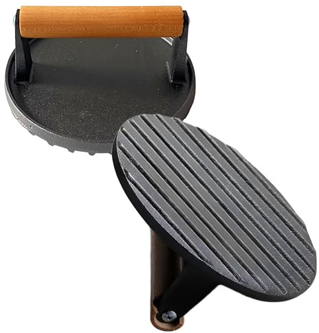 Nozzy Pressa per hamburger, in ghisa, resistente, con manico in legno resistente al calore, per hamburger, pancetta, carne, bistecca, tortine, panini, barbecue