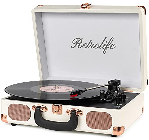 Tocadiscos de Vinilo Portátil con Correa de 3 Velocidades 33/45/78 RPM Bluetooth con Altavoces Incorporados Salida de Línea RCA Entrada AUX para Auriculares Tocadiscos Vintage