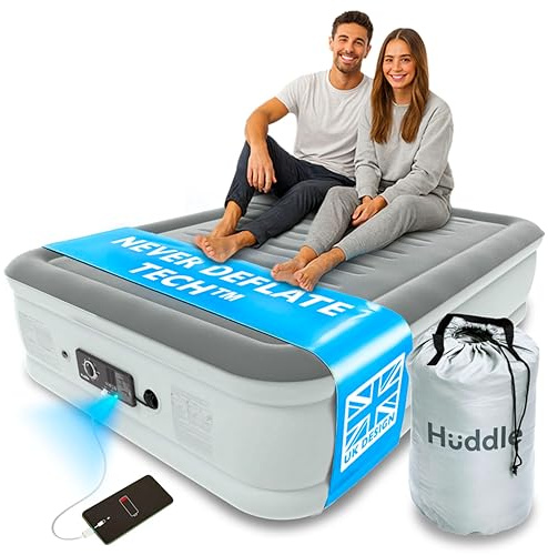 Huddle® Luxury NEVER DEFLATE Double Air Bed with Patented Dual Pump SlumberGuard™ Premium Technology | Inflatable Mattress with built-in pump | Comfortable Inflatable Mattress