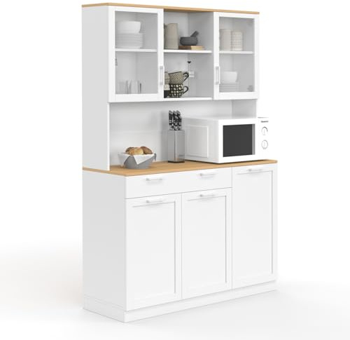 IDMarket - Aparador de cocina con cristal 120 cm VITO 5 puertas + 1 cajón blanco y encimera estilo haya