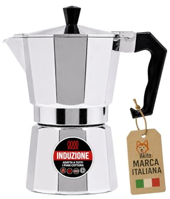 AKITAInk Caffettiera Moka Induzione 3 o 6 Tazze, Macchina per Caffè Tradizionale Compatibile con Piani a Induzione, Gas, Elettrico e Vetroceramica, Compatta e Pratica per Uso Quotidiano