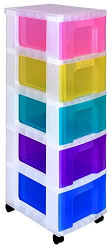 Really Useful Box Plastic Storage Unit 5 X 12 Litre Clear Frame / Rainbow Drawers