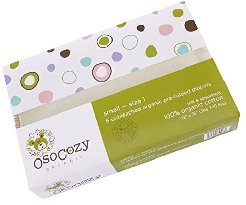 OsoCozy Organic Cotton Prefold Cloth Diapers Traditional Fit Small 4x8x4 Layering (6pk) - Super-Soft, Thick, Absorbent and Durable. Unbleached Natural Color, Fits 7-15 lbs.