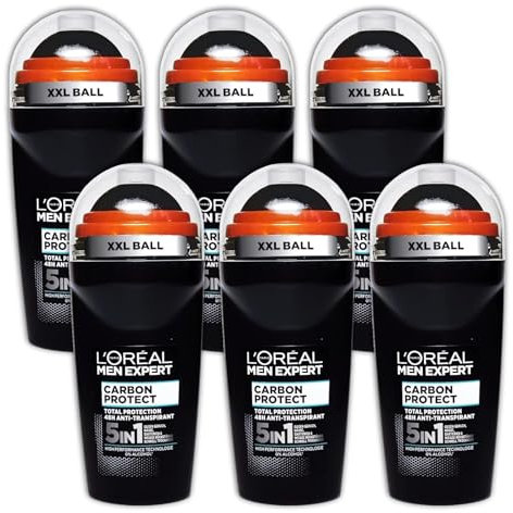 L'Oréal Paris Men Expert 48H Carbon Protect Anti-Perspirant Roll On Deodorant for Men, 50ml 5 IN 1Pack of 6, Bulk Buy