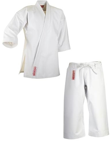 Ju-Sports Karate Anzug 180 Master weiß 16 oz. I Schwerer Karateanzug im kurzem Kata-Schnitt I Kimono mit traditioneller Hosenschnürung I Ärmelenden absteppt für lauten Soundeffekt I 100% Baumwolle