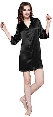 LilySilk Chemise de Nuit en Soie pour Femme Manches 3/4 Boutonné Pans à Fente S, Noir