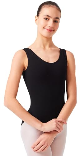 tanzmuster ® Ballettanzug Mädchen ärmellos - Lissy - aus weicher, atmungsaktiver Baumwolle Ballett Trikot Ballettbody in schwarz, 104/110