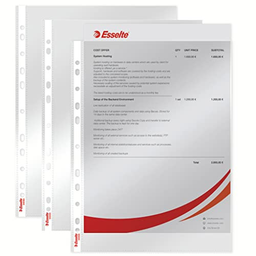 Esselte Standard Prospekthüllen-Set, 100 Stück, A4 Format, Farblos mit glänzender Oberfläche, Obere Öffnung, 0,055 mm PP-Folie, 56066