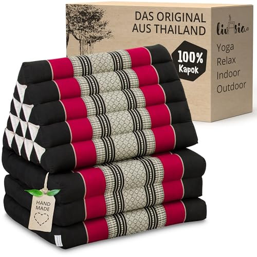livasia Thaikissen 3 Auflagen extrahoch - 185x55x8cm - Dreieckskissen mit Klappmatratze, Kapok, Jumbo Rückenkissen faltbar, Thaimatte Klappen, handgefertigt, Meditationskissen (Schwarz/Rot)