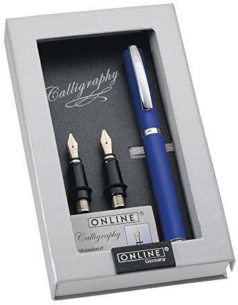 Online 36653 Kalligrafie-Set Vision Blue, Füller mit 3 Kalligraphie-Federn Breite 0.8, 1.4, 1.8 mm, inklusive Calligraphy-Tintenpatronen, in edler Geschenk-Box, Schönschreib-Füller Blau