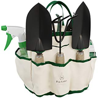 Pure Garden 8-Piece Garden Hand Tool Set - Canvas Tote Gardening Tool Kit with Snip, Pruner, Rake, Trowel, Shovel, Spray Bottle, and Soft Wire Tie