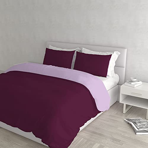 Set Copripiumino 100% Cotone Natural Color, Made in Italy - Parure Copri Piumino - Sacco Piumone 250x200 cm con Doppia Patella e Federe Cuscino, Matrimoniale, Prugna/Lilla