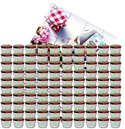 MamboCat 100er Set Sturzglas 230 ml Marmeladenglas Einmachglas Einweckglas To 82 Obst Dekor Deckel incl. Diamant-Zucker Gelierzauber Rezeptheft