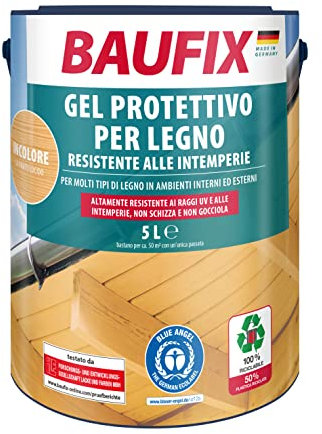 BAUFIX Wetterschutz-Holzgel farblos, seidenglänzend, 5 Liter, Holzlasur, tropfgehemmte Holzlasur, für alle Holzarten, witterungsbeständig