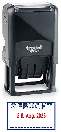 Trodat Printy 4750/L7 Datumstempel mit Text GEBUCHT, Selbstfärber, Abdruckfarbe blau-rot, 41 x 24 mm
