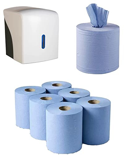Pack of 6 Centrefeed Blue Paper Rolls & White Lockable Dispenser Unit Paper Hand Towel Dispenser -