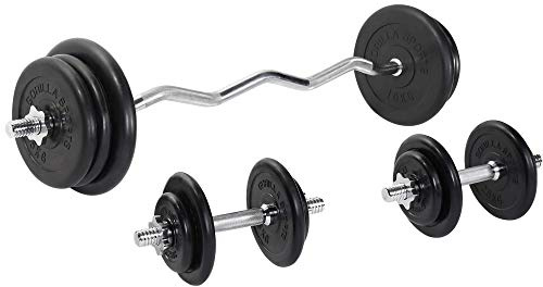 GORILLA SPORTS® Hantelset - 70kg, SZ Curlstange 120cm, 2 Kurzhantelstangen, 14 Hantelscheiben, 30mm, aus Gusseisen, gummiert, 6 Sternverschlüssen, gerändelt, rutschfest - Curlset, SZ-Stange, Gewichte