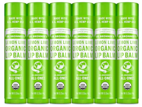 Dr. Bronner’s Organic Lip Balm 6-Pack (.15oz) Natural, Moisturizinging, Petroleum-Free Lip Balm with Beeswax & Avocado Oil for Dry Lips, Men & Women - Lemon Lime