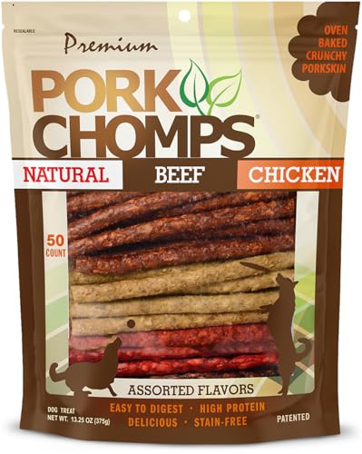 Pork Chomps Dog Chews, 5 Inch Munchy Sticks, 50 Count - Assorted Flavors: Roasted Pork, Chicken, & Bacon - Long-Lasting Treats for Dogs - High Protein, Low Fat, Healthy & Delicious Chews (1 Pack)