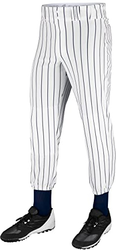 Champro Traditional Fit Triple Crown Classic Baseball Pants with Knit-in Pinstripes and Reinforced Sliding Areas, White, Navy pin, Large