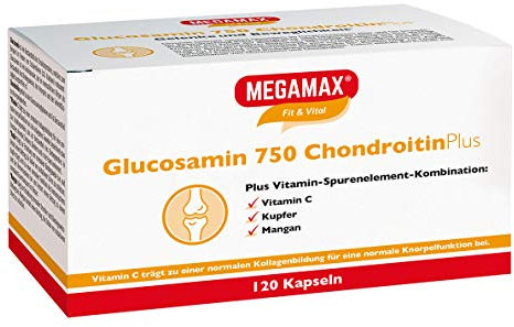 Megamax Glucosamin 750 mg + Chondroitin 120 Kapseln hochdosiert | Glucosamin + Chondroitin Plus Vitamin-Spurenelement-Kombination: Vitamin C Kupfer Mangan | frei von Stearinsäure ,Laktosefrei