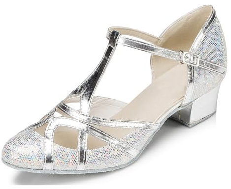 MINITOO Women's Latin Salsa T-Strap Closed Toe Synthetic Ballroom Dance Shoes Evening Wedding Pumps QJ6133 Silver 3.5cm Heel UK 5
