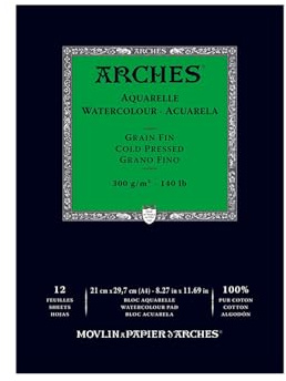 Arches 1795091 akvarellpapper i blocket (A4: 21 x 29,7 cm pannband 300 g/m² finkorn) 12 ark naturligt vita