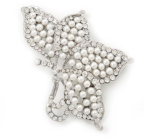 Avalaya Grande broche « papillon » en fausses perles blanches et strass en plaqué argent – 8,5 cm de long