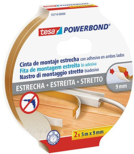 tesa Powerbond® SLIM Nastro Biadesivo per Montaggio, 5m x 9mm, Bianco - 2 Pezzi