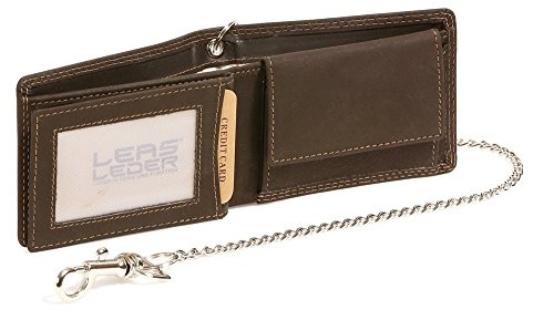 LEAS MCL Biker Cartera con la Cadena de Cromo pequeña para señores Monedero para señoras Vintage-Style, Piel auténtica, marrón - ''LEAS Chain-Series''