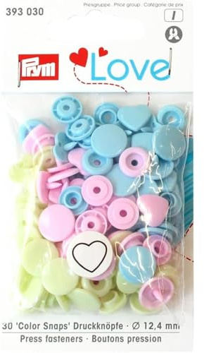 PrymLove Heart Shape Non-Sew ColorSnaps 12.4mm Snap Fasteners by Prym Love-Assorted Pack of Pale Pink, Green and Light Blue (30pc), 12 x 7 x 2 cm