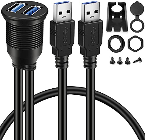 BATIGE 2 Ports Dual USB 3.0 Male to USB 3.0 Female AUX Flush Mount Car Mount Extension Cable for Car Truck Boat Motorcycle Dashboard Panel -3ft
