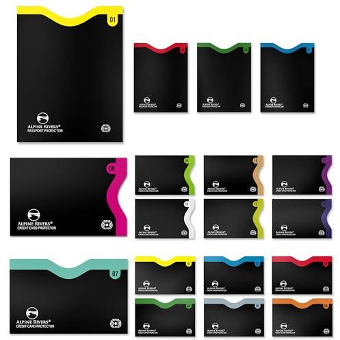ALPINE RIVERS RFID Blocking Sleeves 18 Pack - 7 Top-Load and 7 Side-Load Credit Card Protectors, 4 Passport Sleeves, 13.56 MHz NFC Blocker, Color-Edged and Numbered