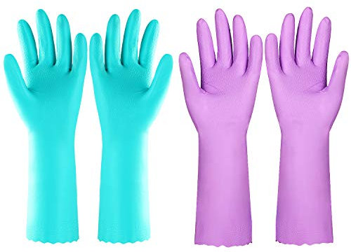 Elgood 2 Paires de Gants de Ménage Réutilisables, Gants de Nettoyage Doublés de Coton Sans Latex, Gants en Caoutchouc pour la Cuisine, la Vaisselle, le Nettoyage (Violet+Bleu, Taille L)