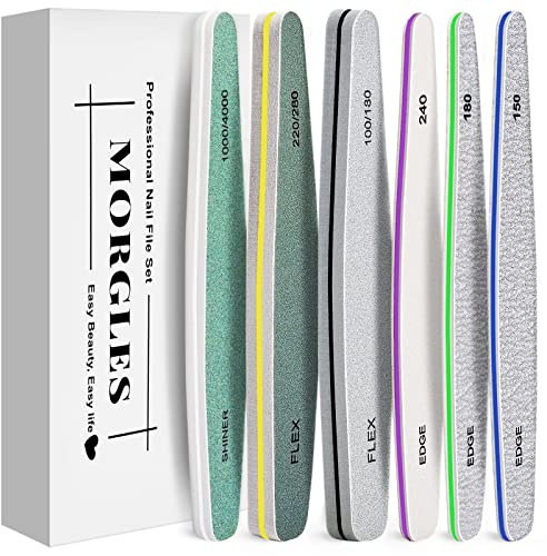 Nail Files, MORGLES 6 Pcs Professional Nail File and Buffer Set, Emery Boards Set for Acrylic Gel Natural Nails(Include 150,180,240,100/180,220/280,1000/4000 Grit)